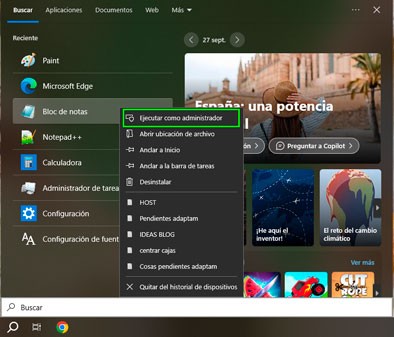 Abre el Bloc de Notas como Administrador Abre el Bloc de Notas como Administrador